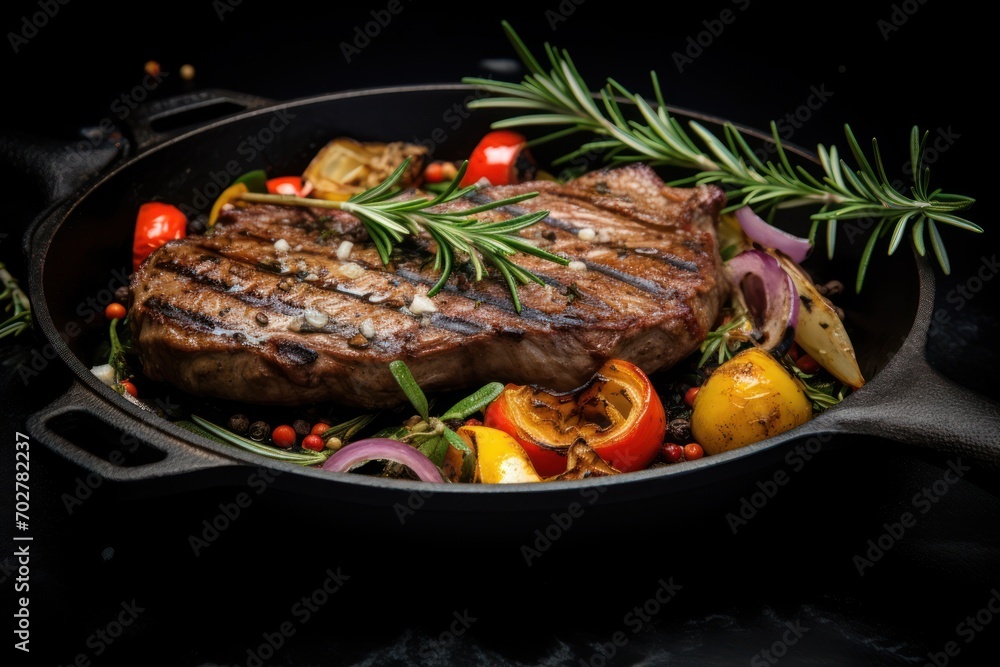  a close up of a steak in a frying pan with tomatoes, onions, peppers, and a sprig of rosemary.