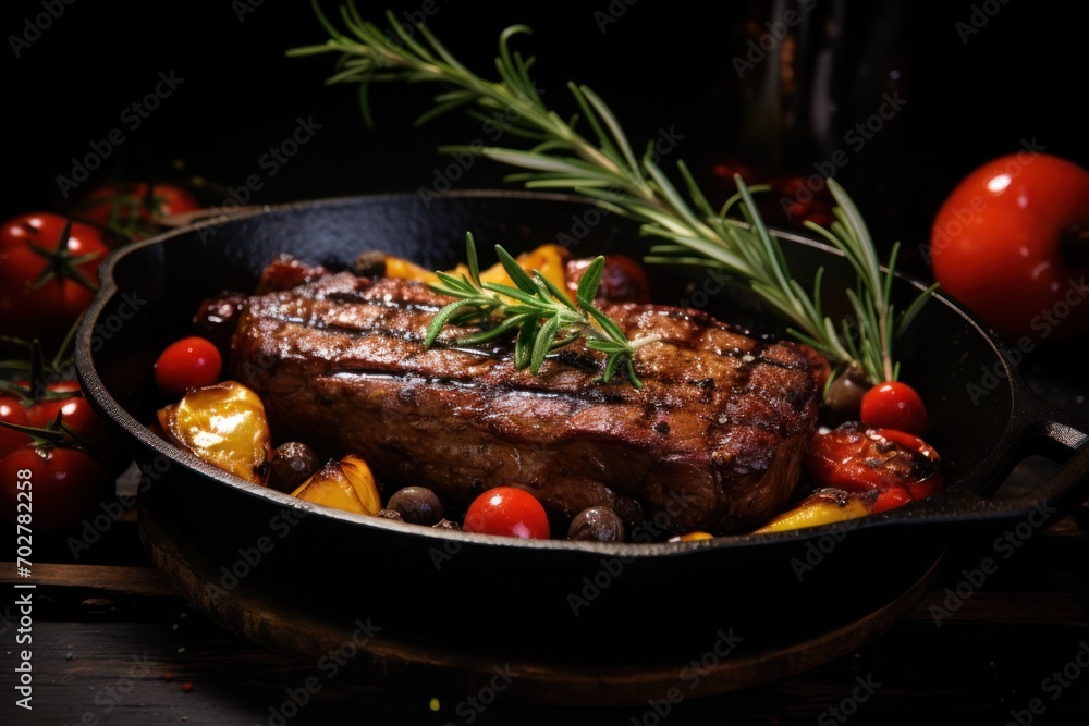  a close up of a steak in a pan with tomatoes and a sprig of rosemary on the side.