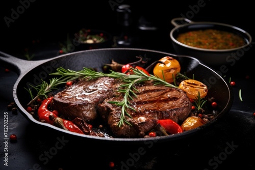  a steak in a frying pan with a side of vegetables and a bowl of soup on the side of the table.