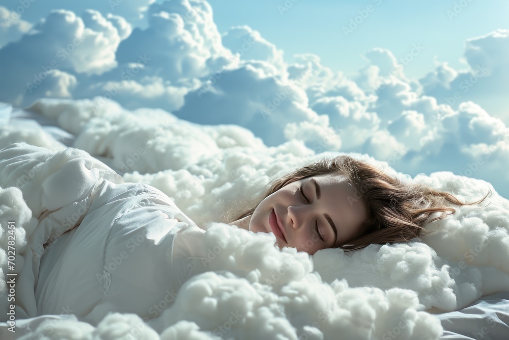 A young woman sleeps on a bed as soft as clouds in an airy and fluffy blanket. The girl smiles blissfully, experiencing the peace and pleasure of rest.