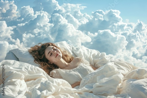 A young woman sleeps on a bed as soft as clouds in an airy and fluffy blanket. The girl smiles blissfully, experiencing the peace and pleasure of rest. photo