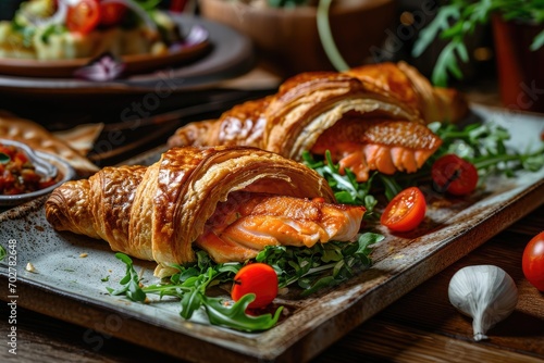 Sandwich croissant with appetizing red fish fillet filling on the table at a barbecue restaurant. Rustic baked goods in a homemade style.