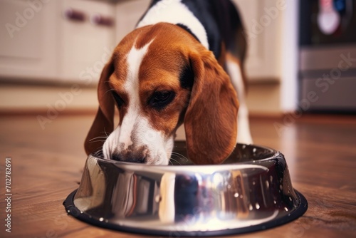 A pet dog in the kitchen drinking water from a chrome metal bowl.
