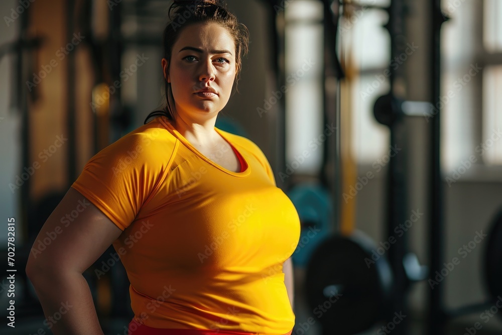 Very fat young woman with a sad face stands in the fitness center next to dumbbells and barbells. Unsporty girl at her first workout in the gym. Very fat young woman with a sad face stands in the fitness center next to dumbbells and barbells. Unsporty girl at her first workout in the gym.