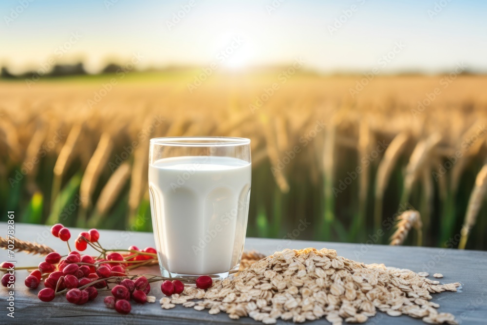 a glass of milk sitting on top of a table next to a pile of oatmeal and berries. a glass of milk sitting on top of a table next to a pile of oatmeal and berries.
