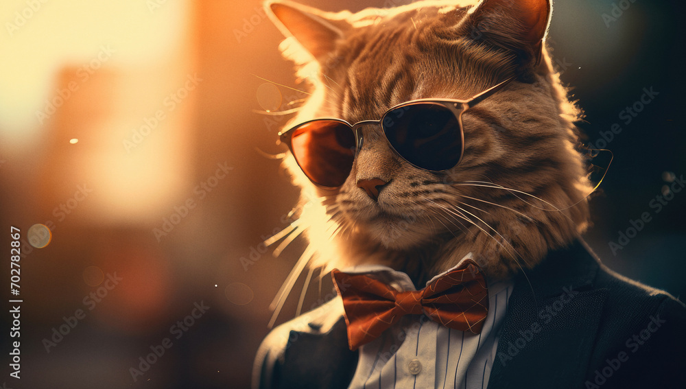 Cat wearing sunglasses and a suit anthropomorphic fashion style
