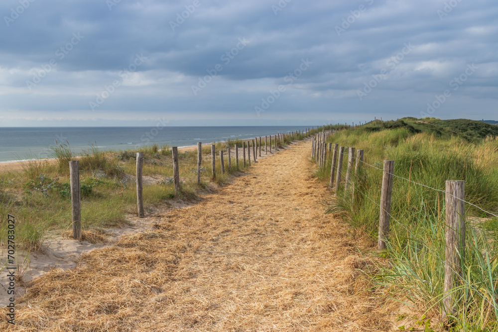 Dune path with fence and poles with cloudy blue sky near the beach and North Sea, Egmond aan Zee , the Netherlands