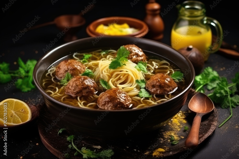 a bowl of pasta with meatballs and parsley on a plate with a spoon and a glass of orange juice. a bowl of pasta with meatballs and parsley on a plate with a spoon and a glass of orange juice.