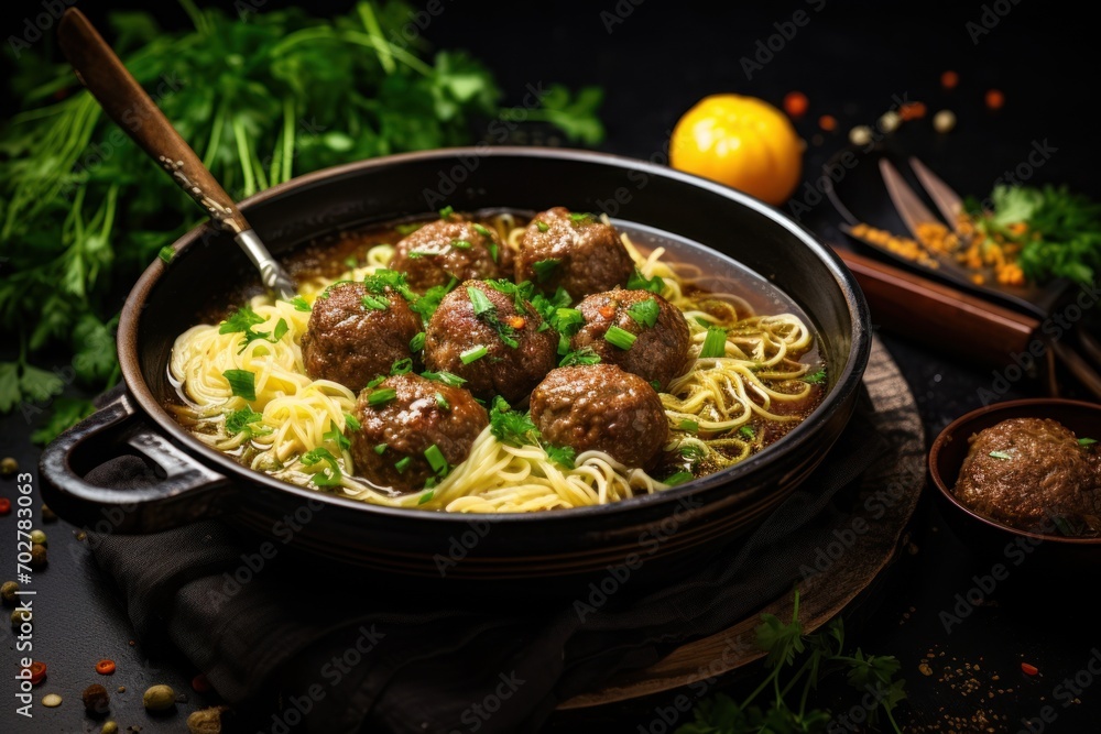 a pan filled with meatballs and noodles on top of a wooden table next to a bowl of parsley. a pan filled with meatballs and noodles on top of a wooden table next to a bowl of parsley.