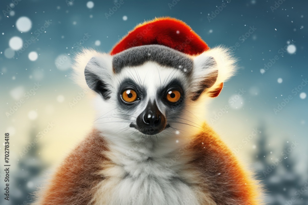 a close up of a lemura wearing a santa hat on top of a snow covered ground with trees in the background. a close up of a lemura wearing a santa hat on top of a snow covered ground with trees in the background.