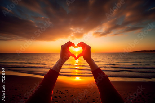 Image of a woman's hands forming a heart during sunset on the beach. Love emotion. © Estefania
