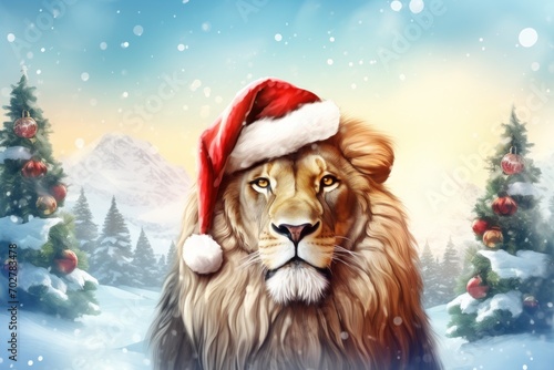  a painting of a lion wearing a santa claus hat in a snowy landscape with evergreens and a mountain in the background.