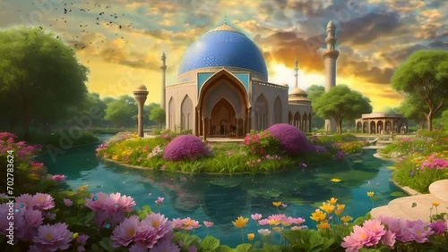 Fantasy mosque with beautiful garden and pond, seamless Animation video background in 4K Resolution photo