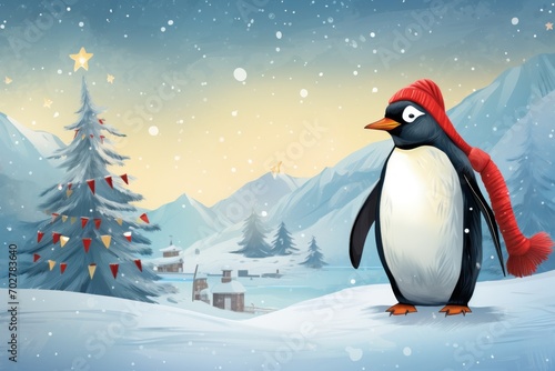 a penguin with a red hat standing in front of a snowy landscape with a christmas tree in the foreground. © Shanti