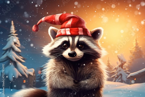  a painting of a raccoon wearing a santa hat in front of a snowy christmas scene with pine trees. © Shanti