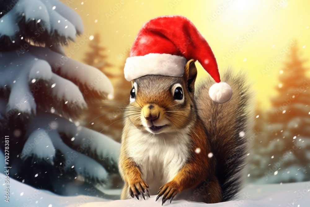a painting of a squirrel wearing a santa hat in a snowy forest with pine trees and sun shining in the background. a painting of a squirrel wearing a santa hat in a snowy forest with pine trees and sun shining in the background.