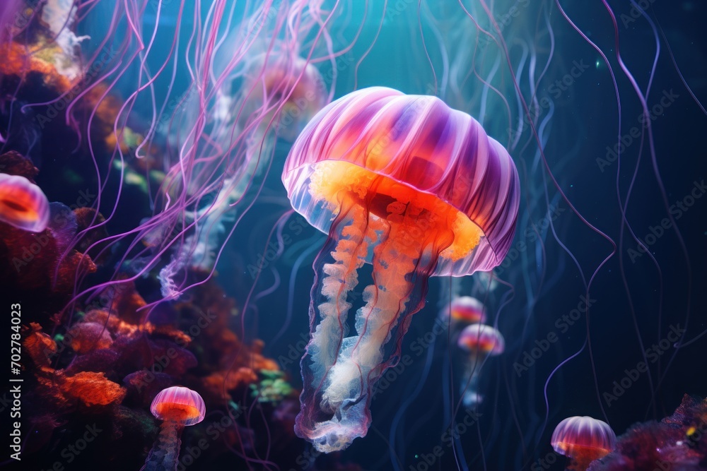  a close up of a jellyfish in an aquarium with many jellyfish in it's tentacles and a light shining on the bottom of the jellyfish.