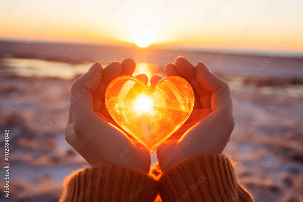 Image of a beautiful and romantic hands of a woman holding a red and transparent heart figure during the sunset in a winter day and snowy landscape.