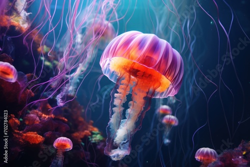  a close up of a jellyfish in an aquarium with many jellyfish in it's tentacles and a light shining on the bottom of the jellyfish.