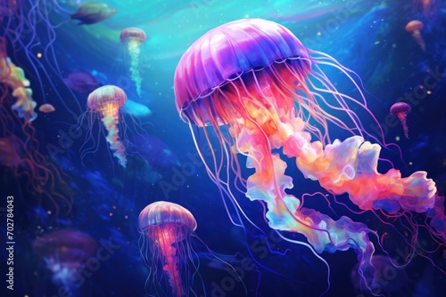  a group of jellyfish floating in a blue water filled with lots of different colored jellyfish in the ocean. © Shanti