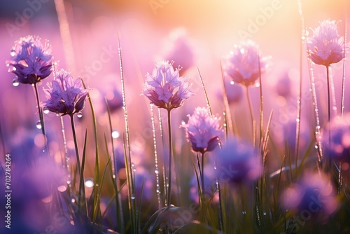  a field of purple flowers with the sun shining through the clouds in the backgrounnd of the flowers.