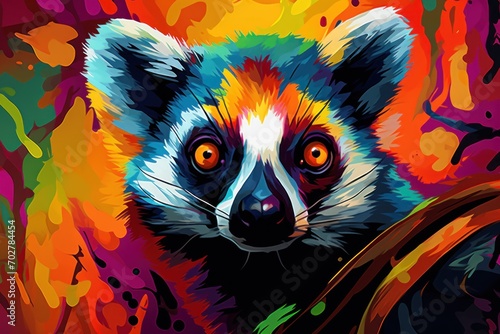  a painting of a raccoon with orange eyes and colorful paint splatters on it's face.