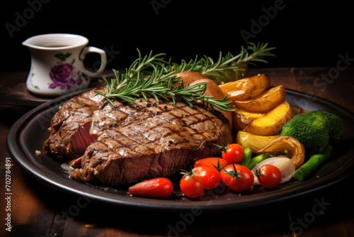  a steak and vegetables on a plate next to a cup of coffee and a cup of tea on a wooden table.