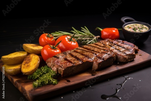  a wooden cutting board topped with meat and veggies next to a bowl of sauce and a bowl of dipping sauce.
