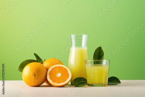  a glass of orange juice next to two oranges and a pitcher of orange juice on a table with a green background.