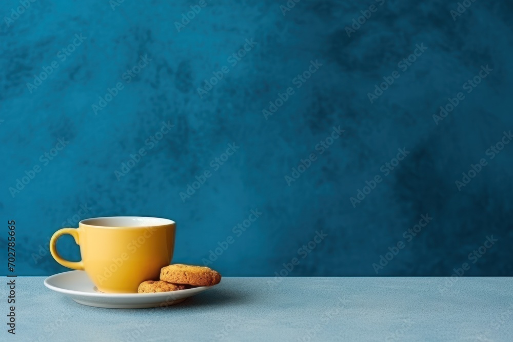 a yellow cup sitting on top of a white saucer next to a plate of macaroni and cheese. a yellow cup sitting on top of a white saucer next to a plate of macaroni and cheese.