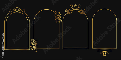 Metal frames, UI elements with exquisite decoration. Gold metal Frames of arc shapes, frames for games medieval style for name and avatars