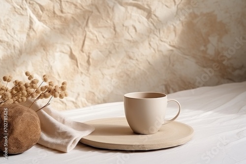  a white cup sitting on top of a saucer on top of a white bed next to a white towel.