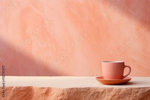  a pink coffee cup sitting on top of a table next to a pink wall with a shadow cast on it.