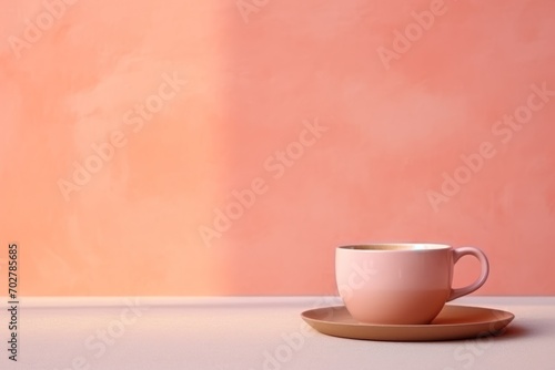  a white cup and saucer on a saucer on a white table with a pink wall in the background.