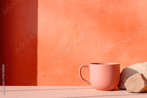  a teddy bear sitting on a table next to a pink coffee cup and a rock on a table with a red wall in the background.