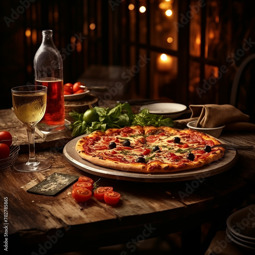 Delicious pizza on wooden table on restaurant with drinks glass on plate high quality image