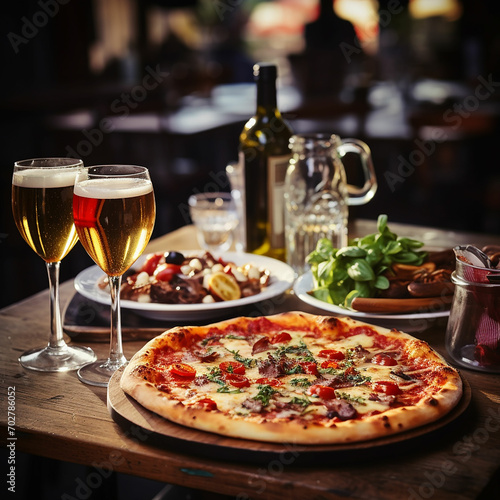 Delicious pizza on wooden table on restaurant with drinks glass on plate high quality image