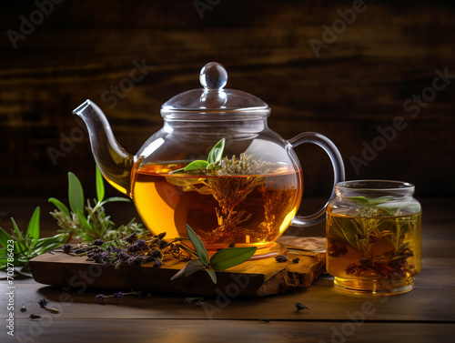 Glass teapot with berries, herbal, vitamin tea increased immunity on a wooden board.