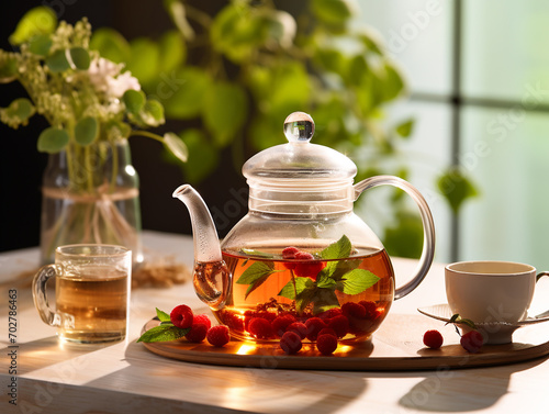 Glass teapot with berries, herbal, vitamin tea increased immunity on a wooden board.