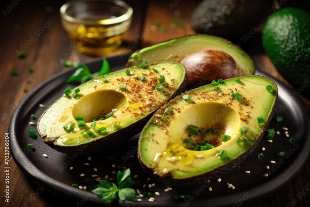 a black plate topped with an avocado cut in half and topped with sprinkles and seasoning. a black plate topped with an avocado cut in half and topped with sprinkles and seasoning.
