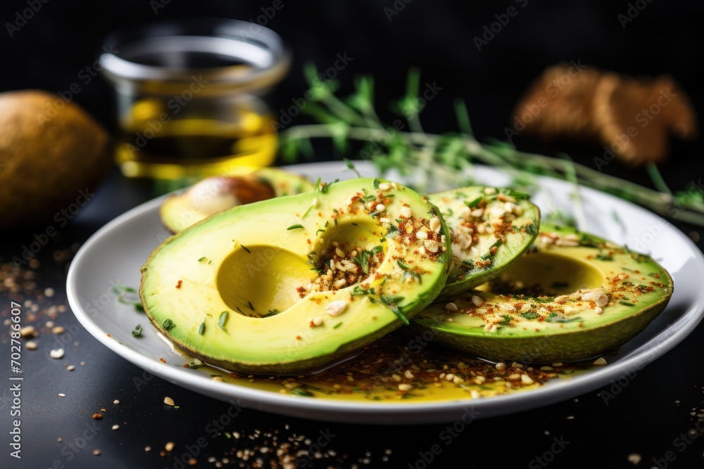 a white plate topped with sliced avocado next to a bottle of olive oil and a sprig of rosemary. a white plate topped with sliced avocado next to a bottle of olive oil and a sprig of rosemary.
