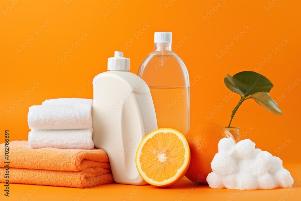 a pile of orange towels next to a bottle of orange juice and a bunch of oranges on a table. a pile of orange towels next to a bottle of orange juice and a bunch of oranges on a table.