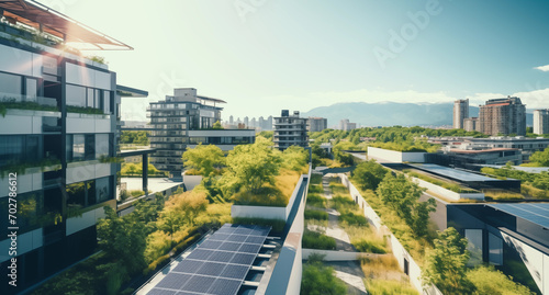 Green Energy Metropolis: Solar Panels Dominating Urban Apartment Rooftops