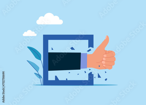 Hand with thumb up  through torn of overcoming barriers. Concept of overcoming barriers, goal, target. Modern vector illustration in flat style