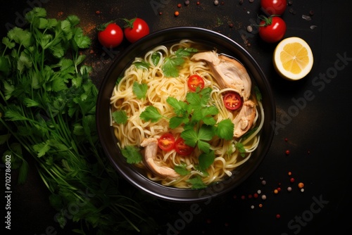  a bowl of chicken noodle soup with tomatoes, parsley, parsley, and parsley on the side.