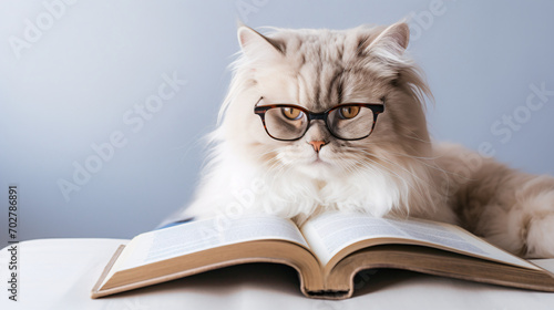 A cute cat, curious cat, wearing glasses and reading a book