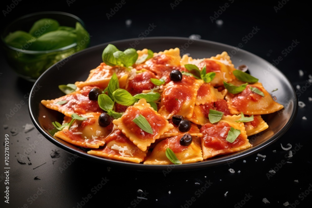 a plate of pasta with tomatoes, olives, and spinach on a black plate next to a glass of water. a plate of pasta with tomatoes, olives, and spinach on a black plate next to a glass of water.