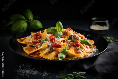 a plate of ravioli with tomatoes, basil, and parmesan cheese on a black plate next to a salt and pepper shaker.