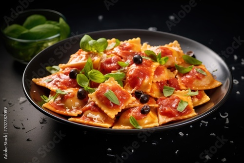  a plate of pasta with tomatoes, olives, and spinach on a black plate next to a glass of water.