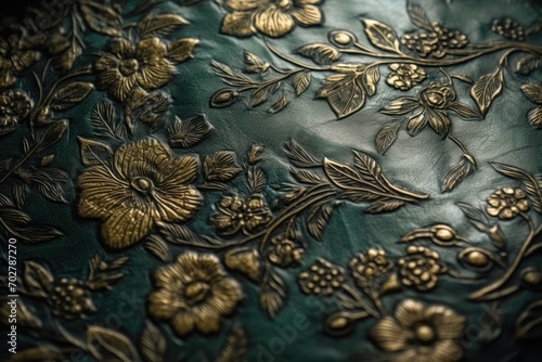  a close up of a green and gold plate with flowers and leaves on the surface of the plate and the surface of the plate is covered in gold foil.